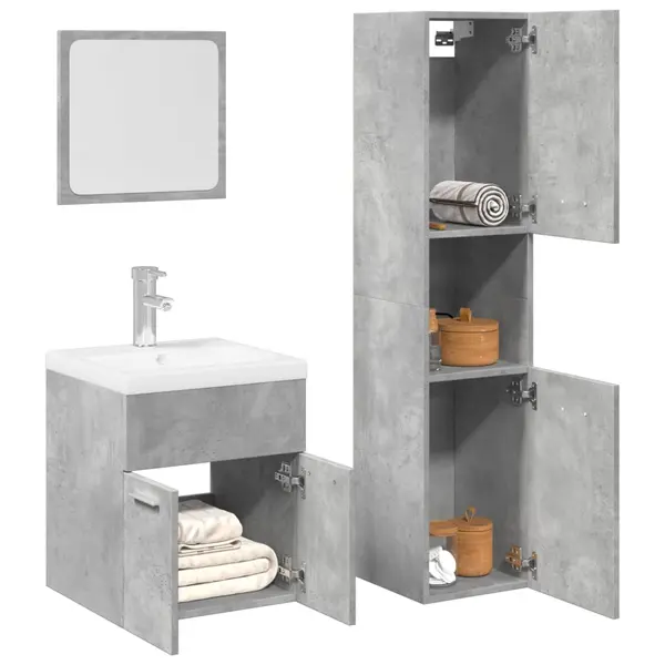 Gossi set mobilier de baie, 3 piese, gri beton, lemn compozit