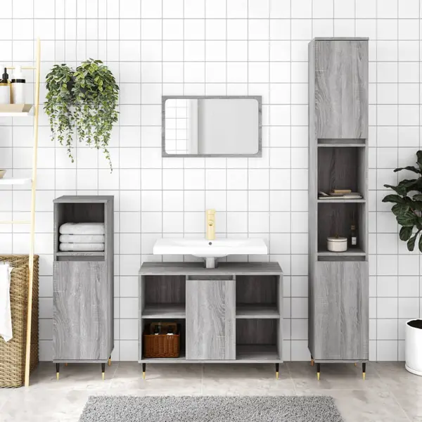 Gossi set mobilier de baie, 3 piese, gri sonoma, lemn prelucrat