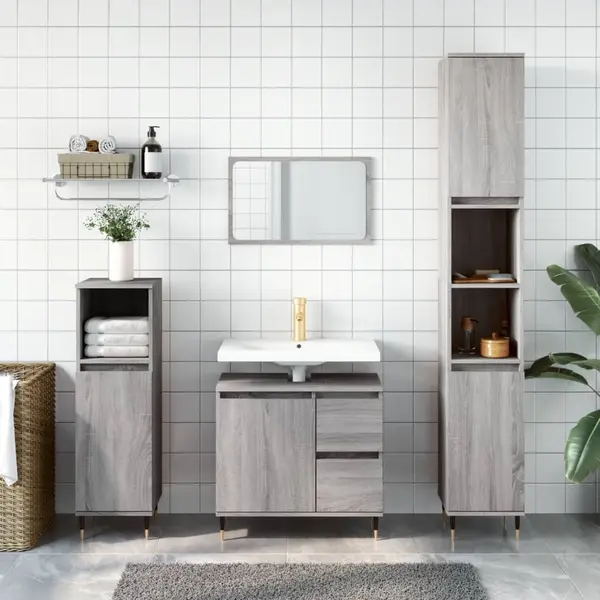 Gossi set mobilier de baie, 3 piese, gri sonoma, lemn prelucrat