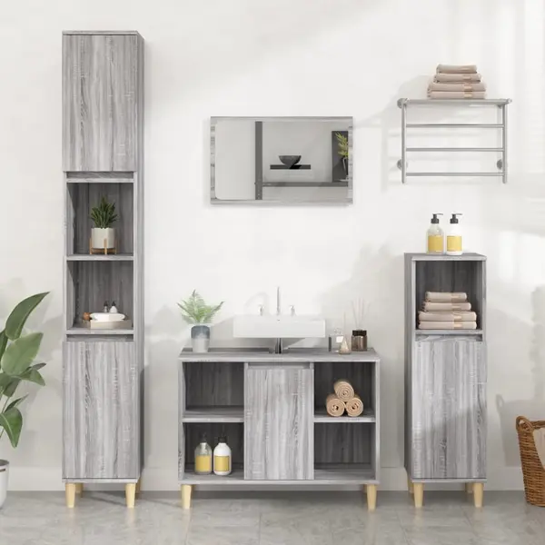 Gossi set mobilier de baie, 3 piese, gri sonoma, lemn prelucrat
