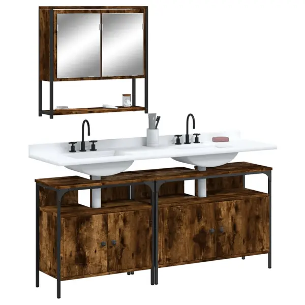 Gossi set mobilier de baie, 3 piese, stejar fumuriu, lemn prelucrat