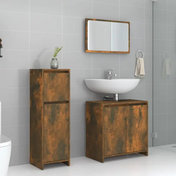 Gossi set mobilier de baie, 3 piese, stejar fumuriu, lemn prelucrat