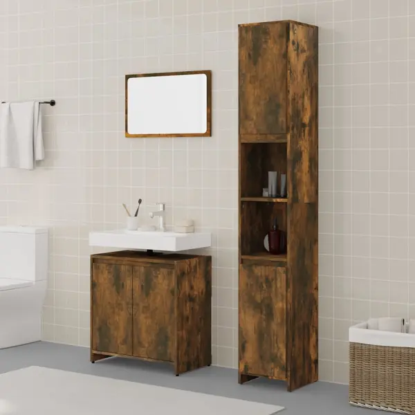 Gossi set mobilier de baie, 3 piese, stejar fumuriu, lemn prelucrat