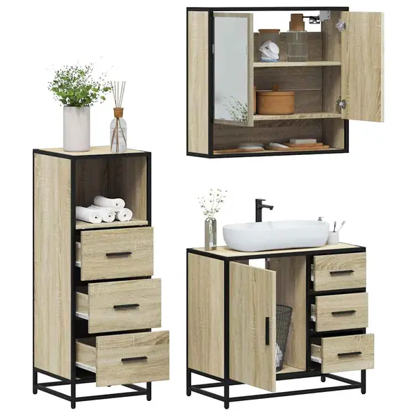 Gossi set mobilier de baie, 3 piese, stejar sonoma, lemn prelucrat