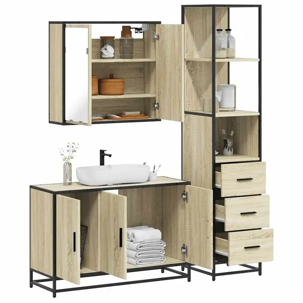 Gossi set mobilier de baie, 3 piese, stejar sonoma, lemn prelucrat