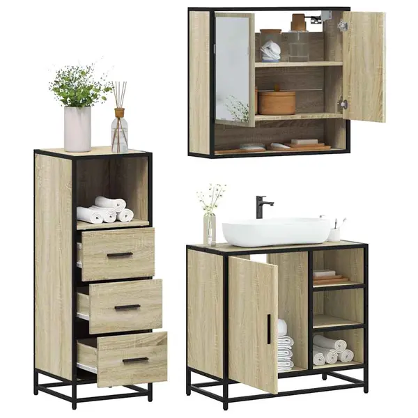 Gossi set mobilier de baie, 3 piese, stejar sonoma, lemn prelucrat