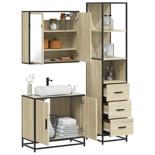 Gossi set mobilier de baie, 3 piese, stejar sonoma, lemn prelucrat