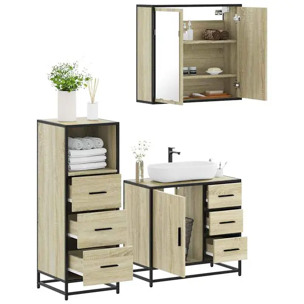 Gossi set mobilier de baie, 3 piese, stejar sonoma, lemn prelucrat