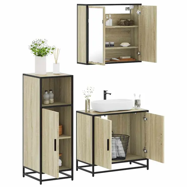 Gossi set mobilier de baie, 3 piese, stejar sonoma, lemn prelucrat