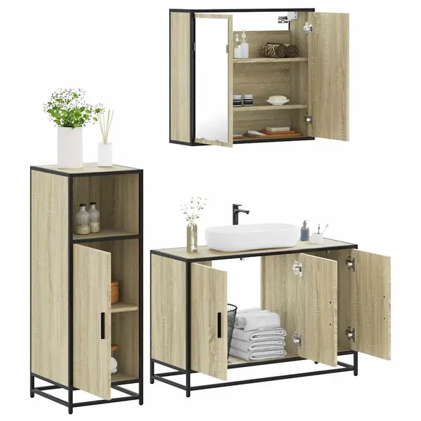 Gossi set mobilier de baie, 3 piese, stejar sonoma, lemn prelucrat