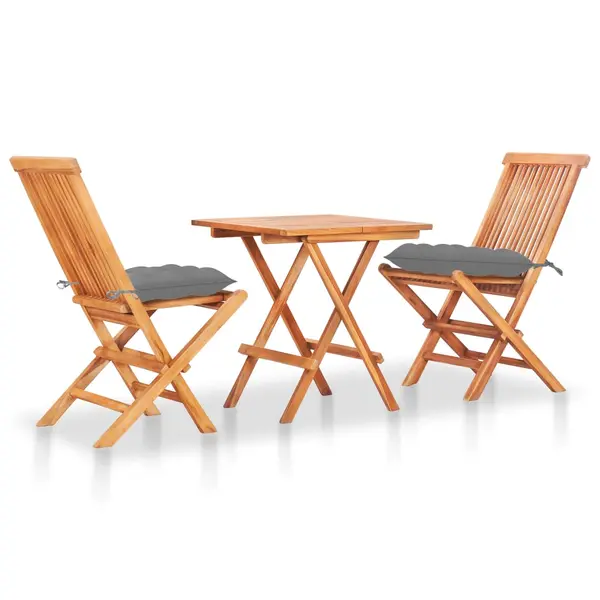Gossi set mobilier de bistro cu perne gri, 3 piese, lemn masiv de tec