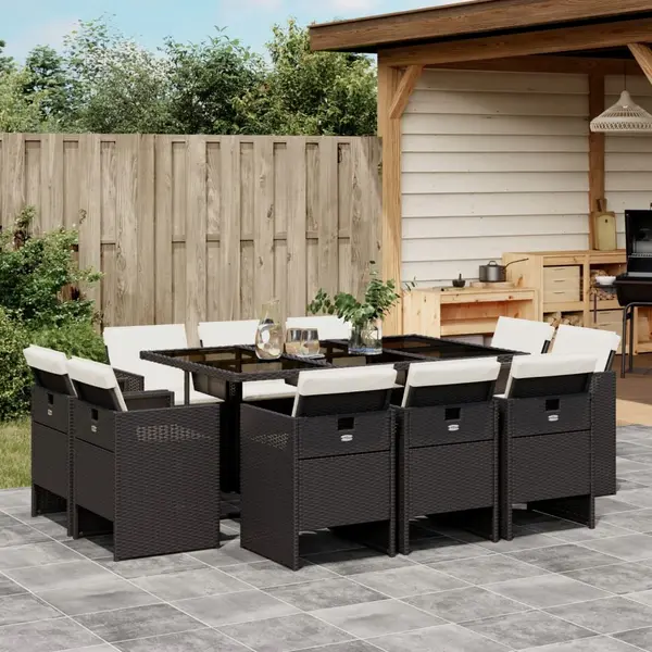 Gossi set mobilier de exterior cu perne, 11 piese, negru, poliratan
