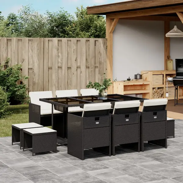 Gossi set mobilier de exterior cu perne, 11 piese, negru, poliratan