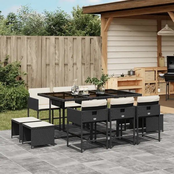 Gossi set mobilier de exterior cu perne, 11 piese, negru, poliratan