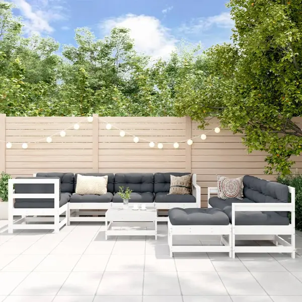 Gossi set mobilier de gradina cu perne, 10 piese, alb, lemn masiv