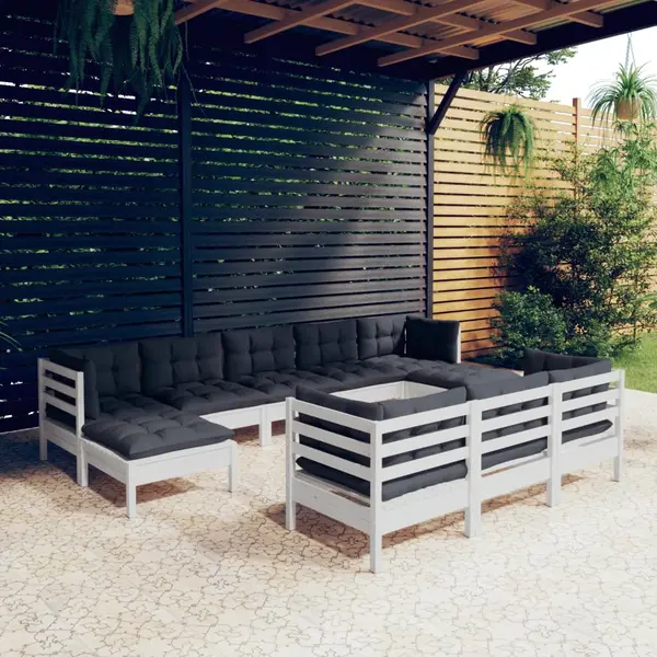 Gossi set mobilier de gradina cu perne, 10 piese, alb lemn masiv pin
