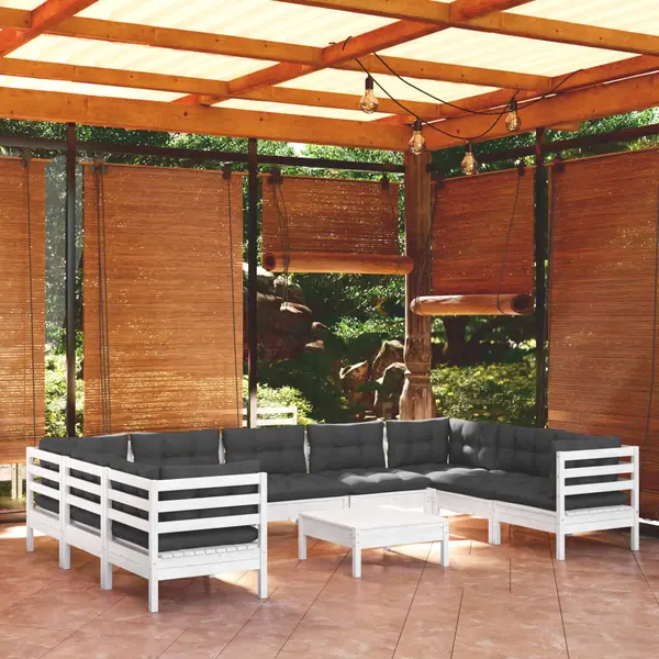 Gossi set mobilier de gradina cu perne, 10 piese, alb, lemn masiv pin