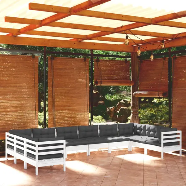 Gossi set mobilier de gradina cu perne, 10 piese, alb, lemn masiv pin