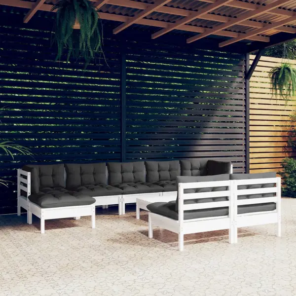Gossi set mobilier de gradina cu perne, 10 piese, alb, llemn de pin