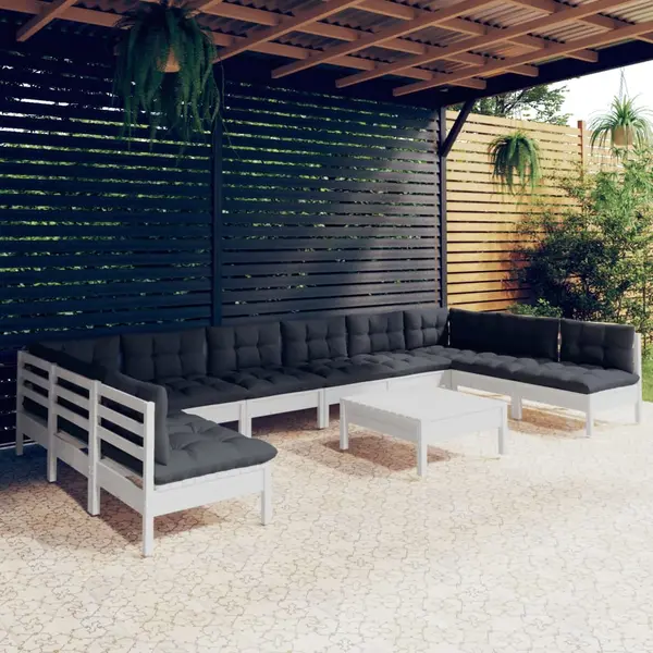 Gossi set mobilier de gradina cu perne, 11 piese, alb lemn masiv pin
