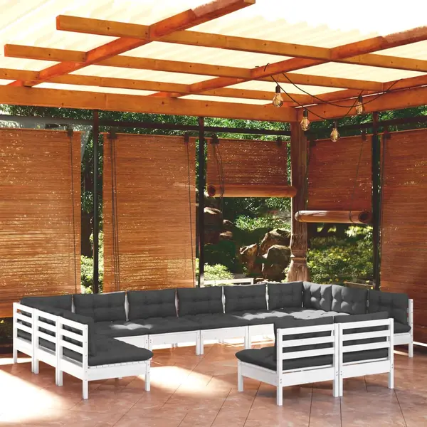 Gossi set mobilier de gradina cu perne, 12 piese, alb, lemn masiv pin