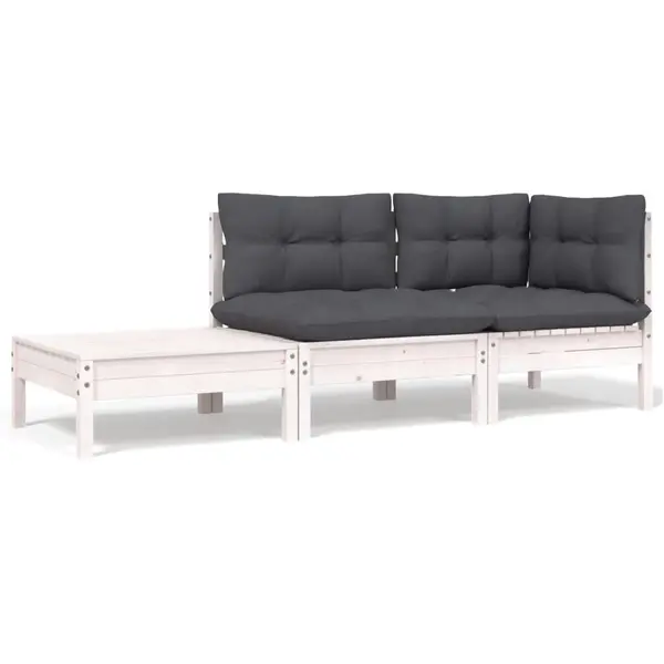 Gossi set mobilier de gradina cu perne, 3 piese, alb, lemn masiv pin