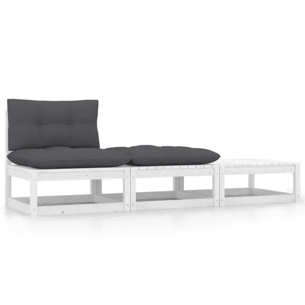 Gossi set mobilier de gradina cu perne, 3 piese, alb, lemn masiv pin