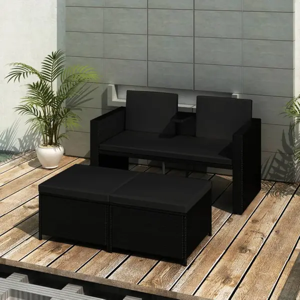 Gossi set mobilier de gradina cu perne, 3 piese, negru, poliratan