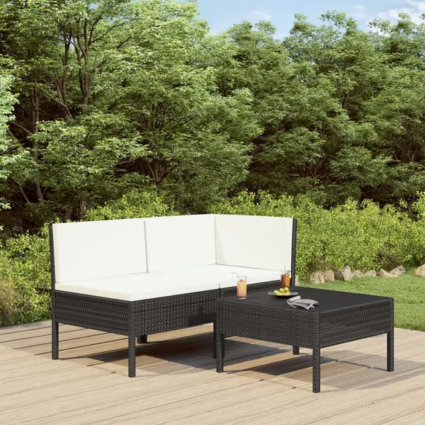 Gossi set mobilier de gradina cu perne, 3 piese, negru, poliratan