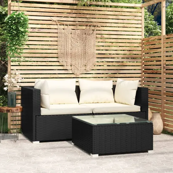 Gossi set mobilier de gradina cu perne, 3 piese, negru, poliratan