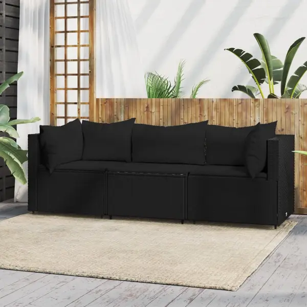 Gossi set mobilier de gradina cu perne, 3 piese, negru, poliratan