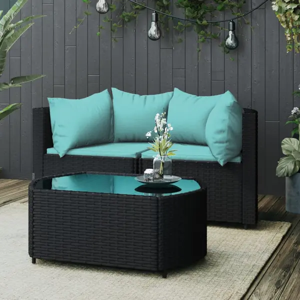 Gossi set mobilier de gradina cu perne, 3 piese, negru, poliratan