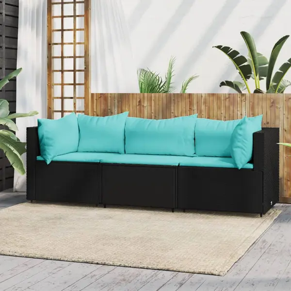Gossi set mobilier de gradina cu perne, 3 piese, negru, poliratan