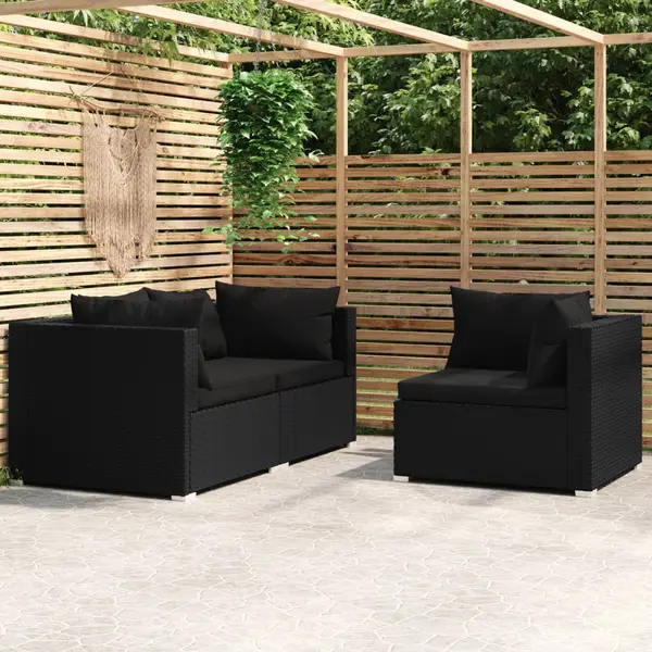 Gossi set mobilier de gradina cu perne, 3 piese, negru, poliratan