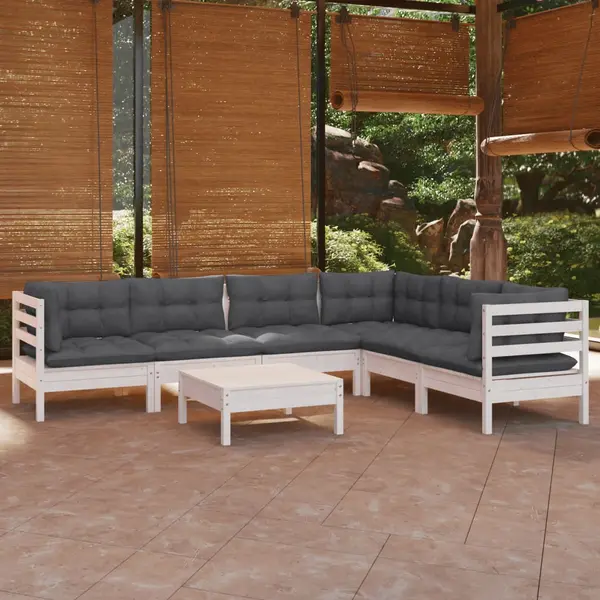 Gossi set mobilier de gradina cu perne, 7 piese, alb, lemn masiv pin