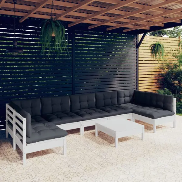 Gossi set mobilier de gradina cu perne, 8 piese, alb, lemn masiv pin
