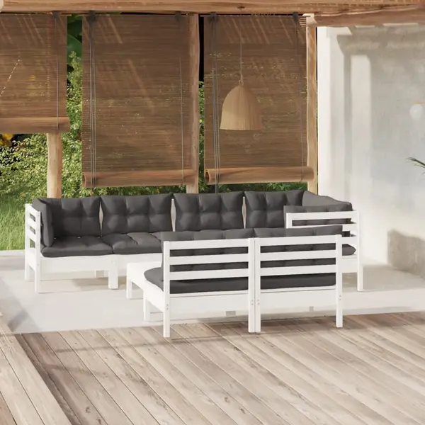 Gossi set mobilier de gradina cu perne, 8 piese, alb, lemn masiv pin