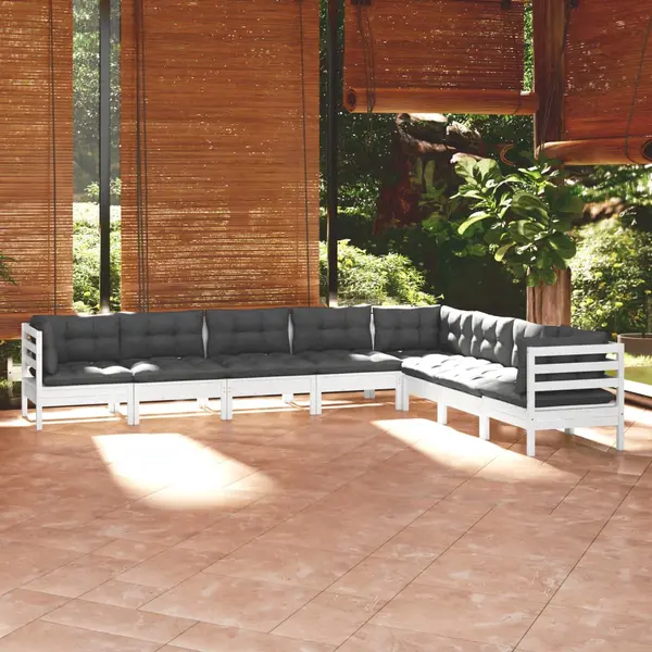 Gossi set mobilier de gradina cu perne, 8 piese, alb, lemn masiv pin
