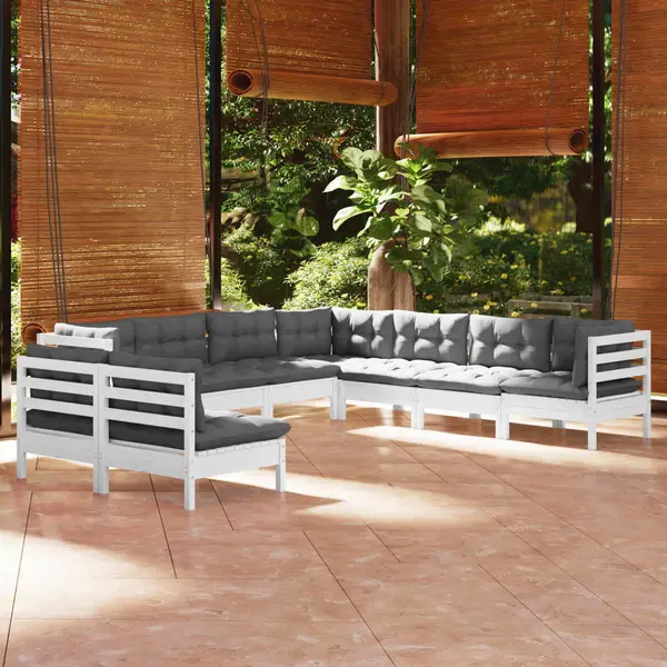 Gossi set mobilier de gradina cu perne, 9 piese, alb, lemn masiv pin