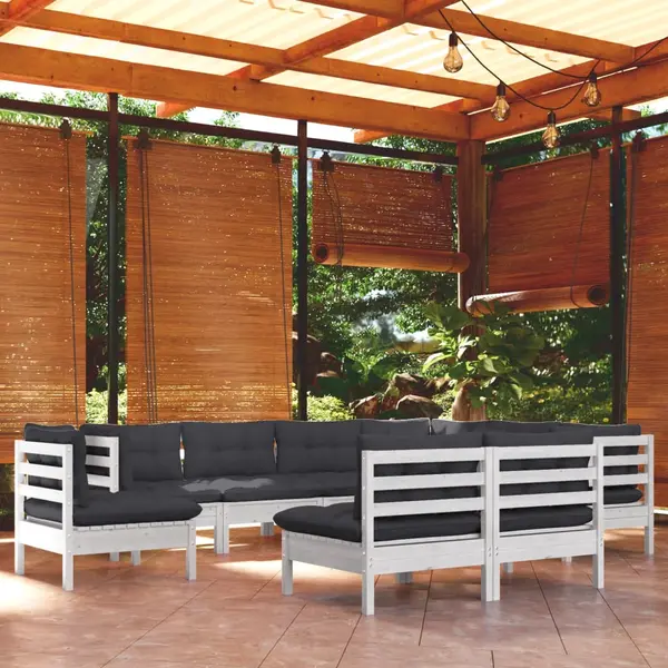 Gossi set mobilier de gradina cu perne, 9 piese, alb, lemn masiv pin