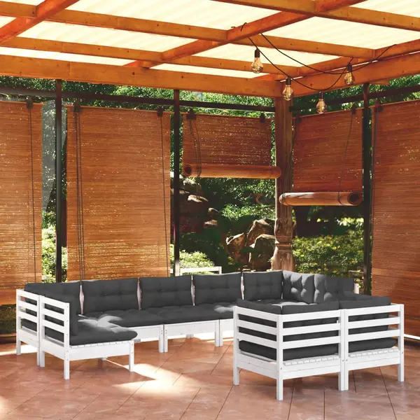 Gossi set mobilier de gradina cu perne, 9 piese, alb, lemn masiv pin