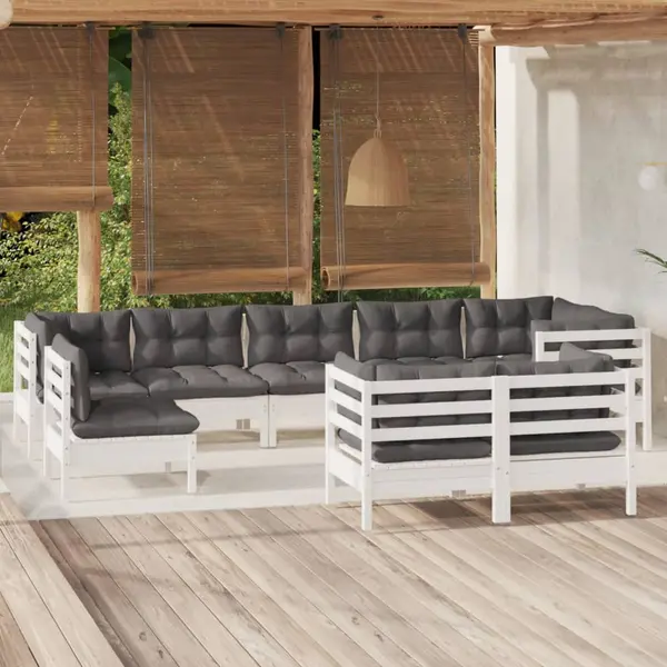 Gossi set mobilier de gradina cu perne, 9 piese, alb, lemn masiv pin