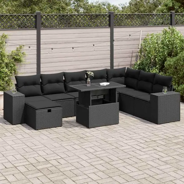 Gossi set mobilier de gradina cu perne, 9 piese, negru, poliratan