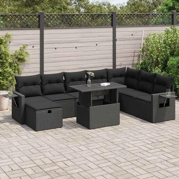 Gossi set mobilier de gradina cu perne, 9 piese, negru, poliratan