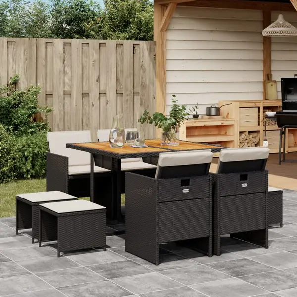Gossi set mobilier de gradina cu perne, 9 piese, negru, poliratan
