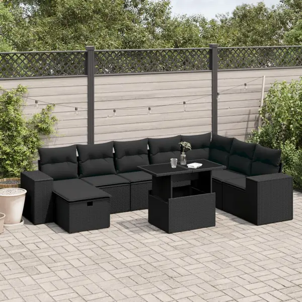 Gossi set mobilier de gradina cu perne, 9 piese, negru, poliratan