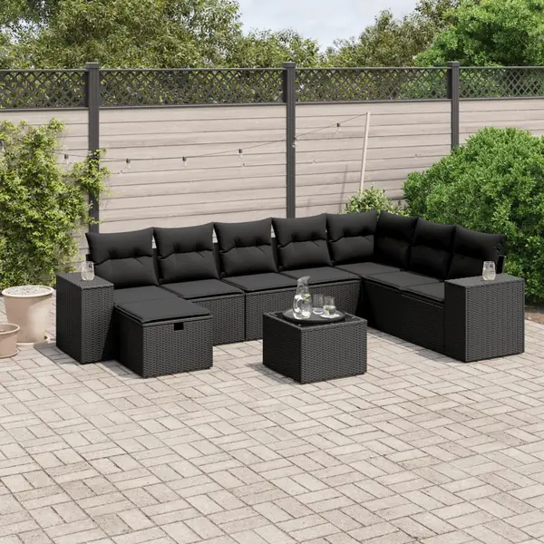 Gossi set mobilier de gradina cu perne, 9 piese, negru, poliratan