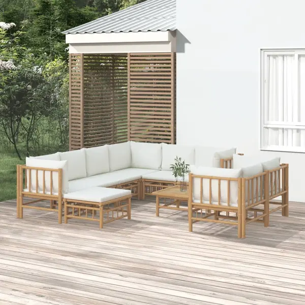 Gossi set mobilier de gradina, cu perne alb crem, 10 piese, bambus