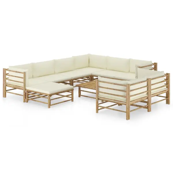 Gossi set mobilier de gradina, cu perne alb crem, 10 piese, bambus