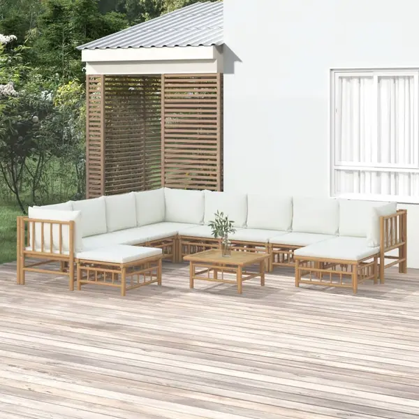 Gossi set mobilier de gradina, cu perne alb crem, 11 piese, bambus